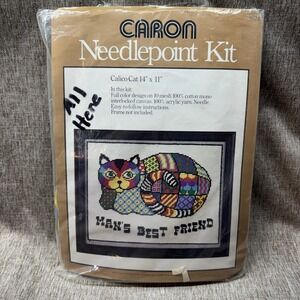 Caron Needlepoint Kit Calico Cat 14 x 11 Inch Vintage 1977 Man's Best Friend